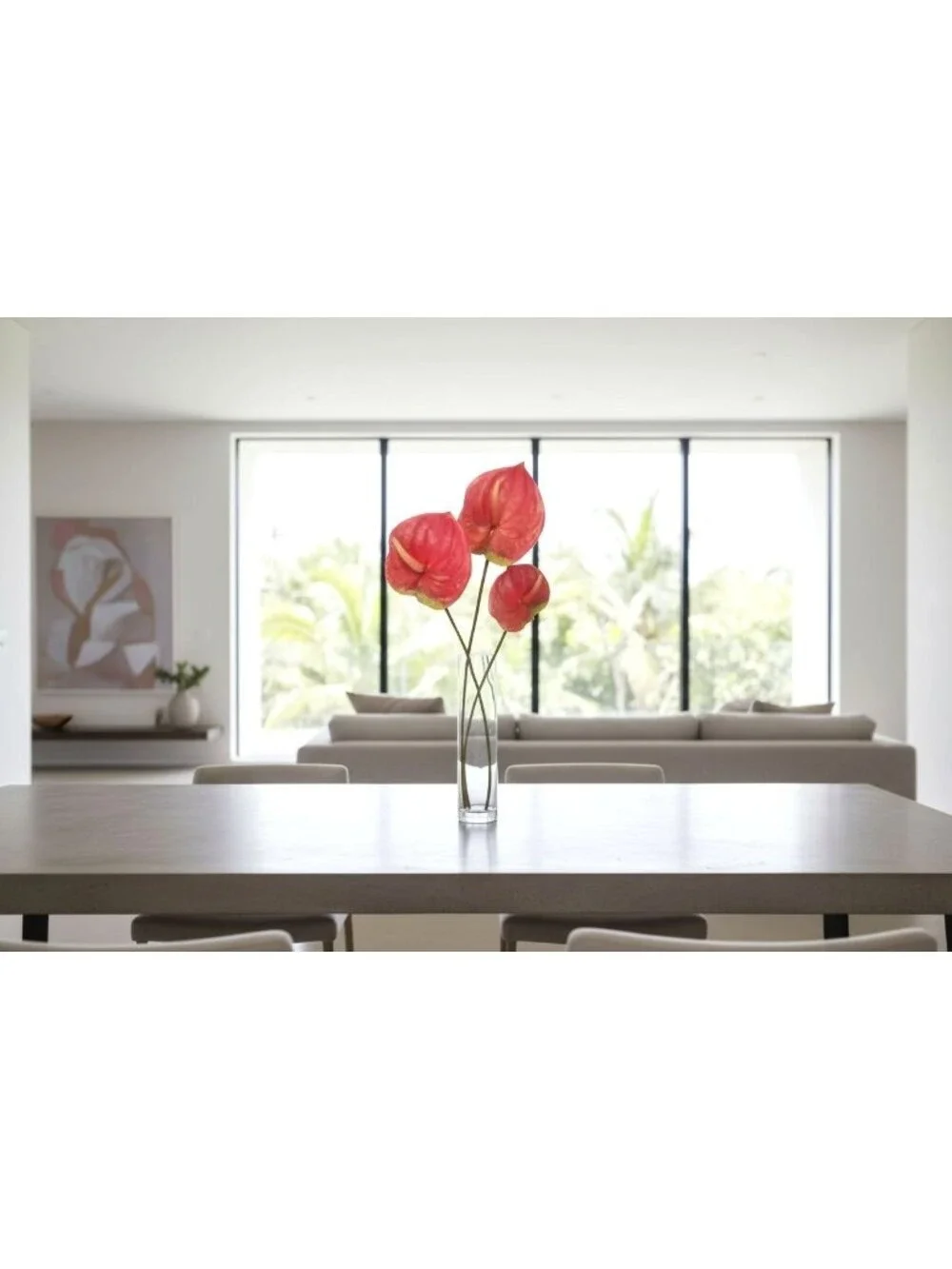 Pink Artificial Anthurium Stems Set of 3, 23 Inch Faux Modern Tropical Decor